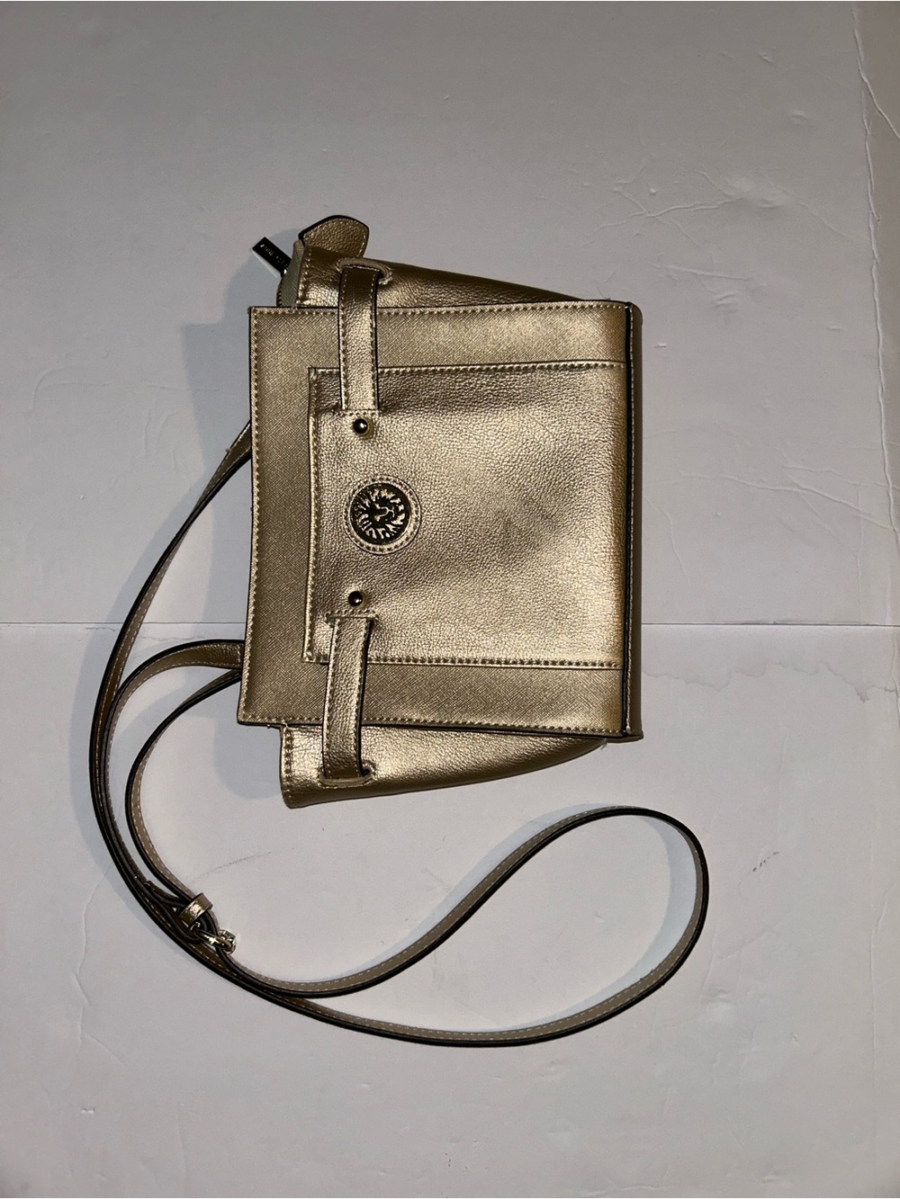 Anne Klein Metallic Gold Crossbody with Logo Medallion